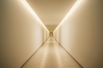 Obraz premium Minimalist hallway interior with ambient ceiling light and smooth beige walls extending in symmetrical perspective to a vanishing point. Ai generative