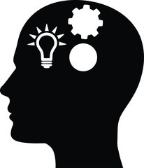 Brain silhouette thinking with light bulb symbol showing imagination, innovative ideas, problem solving, creative brain power, inspiration, discovery concept