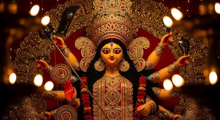 A beautifully adorned idol of the Hindu Goddess Durga with multiple arms, illuminated by festive lights during the Durga Puja celebration.