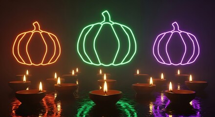 Colorful digital pumpkins glow above warm candlelight a festive display capturing halloween mood a bright modern twist