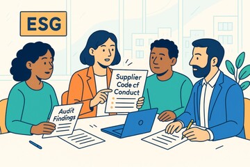 Business team discussing ESG audit findings and supplier code of conduct in a light office background during a creative compliance meeting concept. Ai generative