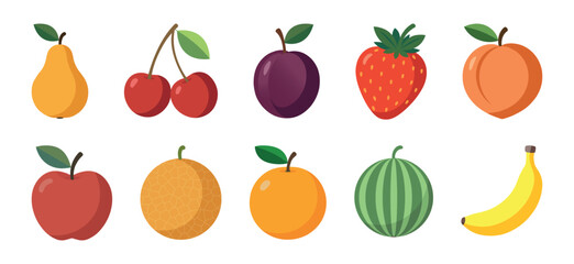 Colorful fruit set in flat design - pear, cherry, plum, strawberry, peach, apple, melon, orange, watermelon and banana.