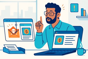 Man warns about phishing scam email on computer in office, showing awareness and cybersecurity alertness on light abstract background. Ai generative