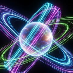 Obraz premium Ethereal orb surrounded by vibrant light trails cosmic energy fields abstract depiction of interconnectedness