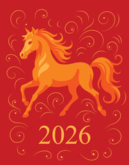 New Year 2026 Card with Fire Horse on Red Background, Perfect for Holiday Cards, Posters, Wall Art, Print Design