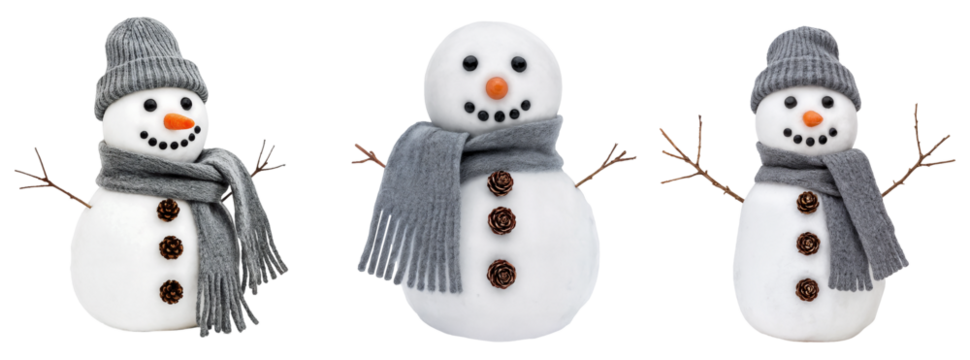 a collection of three snowmen with hats, scarves, and pine cone buttons
