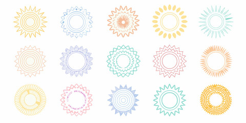 Collection of diverse hand drawn sun icons in various pastel colors and intricate patterns