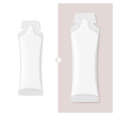 Sachet bag mockup for energy gels, sport nutrition, cosmetics. Vector illustration isolated on white background. Flat lay view. Can be use for template your design, presentation, promo, ad. EPS10.