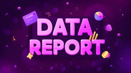 Vibrant Data Report Illustration Featuring Playful Elements such as Pie Charts and Cards on a Deep Purple Backdrop