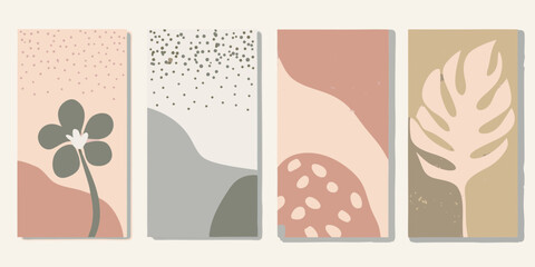 Set of four abstract vertical posters with organic shapes and botanical elements in muted earthy tones