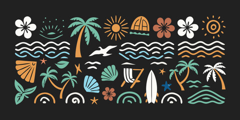 Vibrant tropical summer beach icons collection with palm trees sun waves and flowers on black background