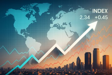 Abstract financial growth graph with rising arrow and global map on light business background above modern city skyline at sunset. Ai generative.