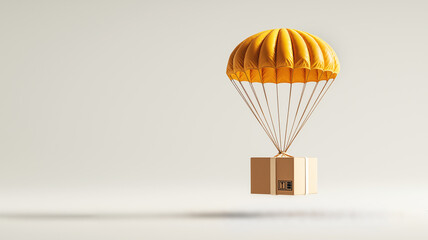 Small cardboard box descending on yellow parachute, delivery and airdrop concept. AI generated