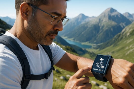 Man using smartwatch with solar energy interface during mountain hike, showcasing sustainable technology in nature-focused lifestyle concept. Ai generative - Powered by Adobe