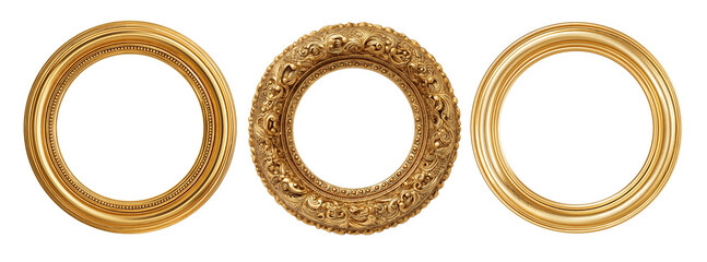 Three ornate golden decorative round frames displayed side by side on white background. AI generated