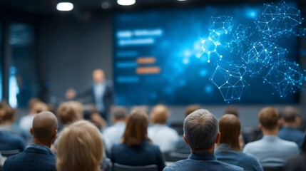 Obraz premium Close-Up of Blockchain Technology Visualization in Conference Setting