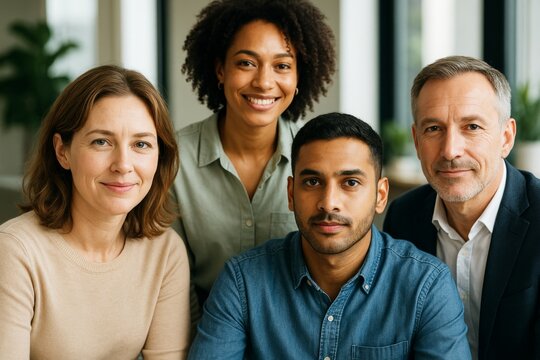 Portrait of diverse business team smiling in office with natural light and modern background, representing teamwork and leadership concept. Ai generative
