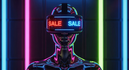 Cybernetic mannequin wearing VR headset, browsing Black Friday deals in digital space