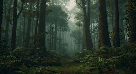 Fototapeta premium Enigmatic Fog-Shrouded Path: Deep within a Lush, Mysterious Rainforest