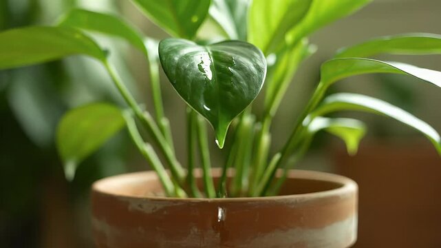 Close-up of a vibrant green houseplant leaf with a glistening water droplet, symbolizing natural freshness, growth, and healthy indoor plant life i...