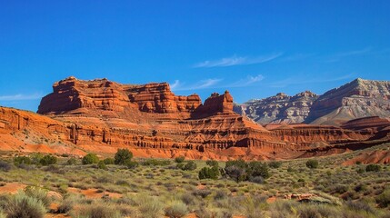 Fototapeta premium Majestic Red Rock Formations Rise from the Vast Desert Under a Brilliant Blue Sky