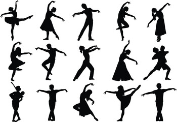 Dancer silhouette collection showcasing ballet, contemporary, modern, and couple dance poses, ideal for design, choreography, posters, and decoration