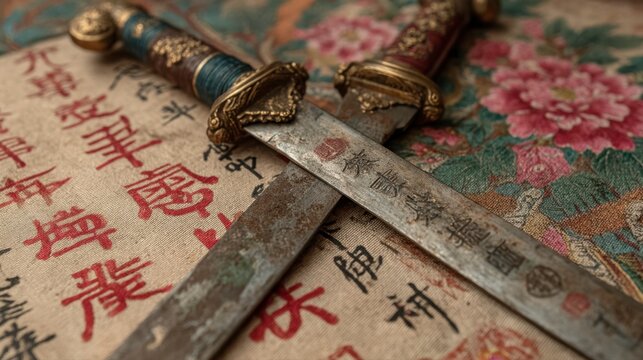 Chinese Hook Swords Displayed on Silk Background with Calligraphy