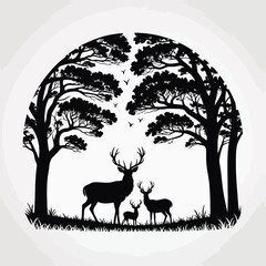 Majestic stag family silhouette amidst forest trees nature scene decorative graphic silhouette vector illustration white background