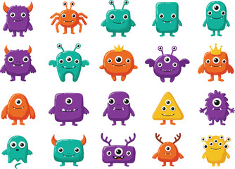 Cute Colorful Cartoon Monsters Collection, Funny Alien Creatures Vector Set, Adorable Fantasy Characters for Kids, Isolated on White Background, Illustration Pack