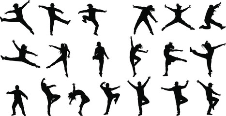 Dancers silhouettes, modern dance poses, jumping dancers, expressive movement, dance performance, artistic expression, active lifestyle, energetic