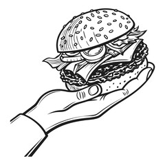 A colorful cartoon illustration of a fast-food hamburger sandwich with cheese and fries on a white background
