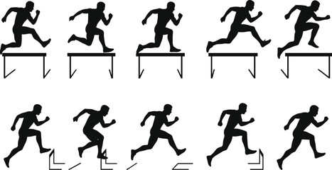 Vector illustration of male athlete silhouettes running and jumping over hurdles, showcasing different dynamic movements in track and field competition.