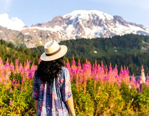 Woman in a hat gazes at snowy mountains, surrounded by vibrant pink wildflowers