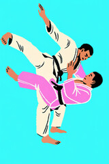 two judo athletes in fighting stance, one throwing opponent, dynamic martial arts pose