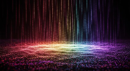 Ethereal Rainbow Data Stream: Abstract Digital Landscape with Vibrant Particle Rain