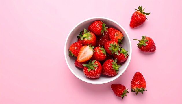 Fresh strawberries in a white bowl on a pink background