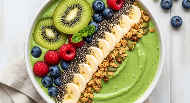 A healthy green smoothie bowl topped with fresh kiwi, blueberries, raspberries, banana slices, chia seeds, and granola.