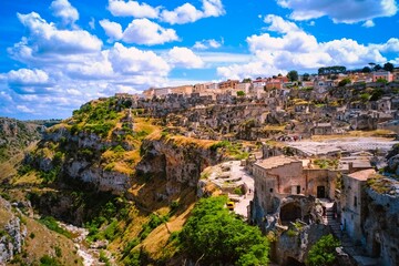 Scenic view of Matera, Italy with ancient stone buildings.