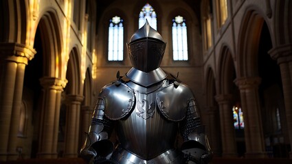 Medieval knight armor standing in an ancient cathedral with stained glass windows shining