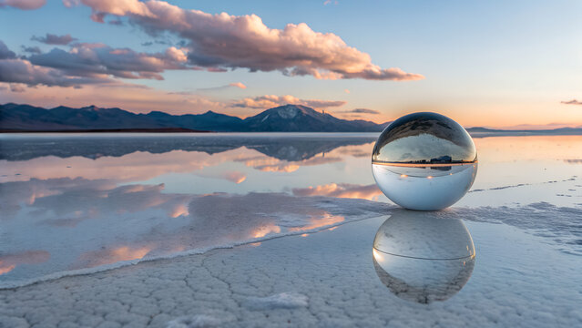 Reflective Silver Sphere on Calm Desert Lake at Sunset