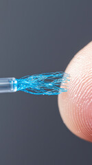 Close up of blue applicator tip touching fingertip, showcasing intricate details and textures