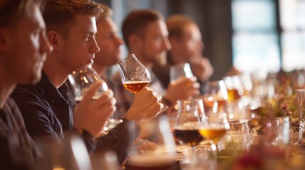 Corporate event medium shot of colleagues sharing craft beer glasses around a high table soft focus on the group to highlight the focused individual savoring a brew.