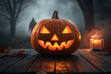 Glowing Halloween Jack-o’-Lantern Pumpkin with Candle Light on Wooden Table in Spooky Night Atmosphere