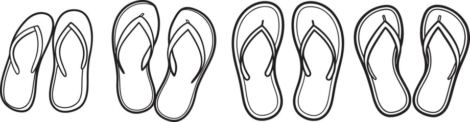 set of flip flops line art, coloring book page line art drawing, vector and illustration