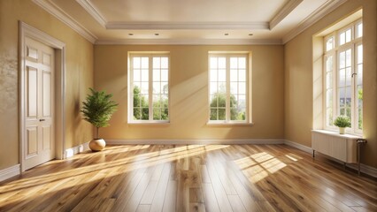 Fototapeta premium Sunlit Empty Room with Hardwood Floors and Large Windows, Perfect for Interior Design Inspiration