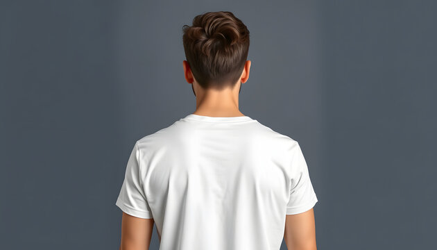 Young male in blank white t-shirt, front and back view. Design men t shirt template and mock-up for branding or print, mindfulness theme. White tone
