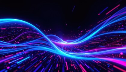 Fototapeta premium Vibrant Blue and Purple Light Waves Flowing Through a Dark Space Creating Mystical Atmosphere