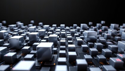 Fototapeta premium Abstract 3D representation of metallic cubes on a digital background with intricate technology and data connections displayed visually