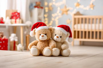 Fototapeta premium Cute teddy bears wearing Santa hats with festive holiday decorations in the background
