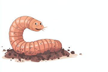 Illustrated happy worm in soil, colorful cartoon style, isolated on white background, embodies nature and simplicity.